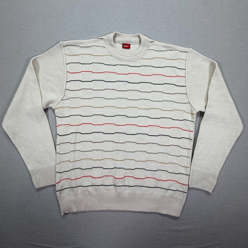 4 You Sweater‎ Mens L Vintage Beige Striped Textured Knit Crew Neck Long Sleeve
